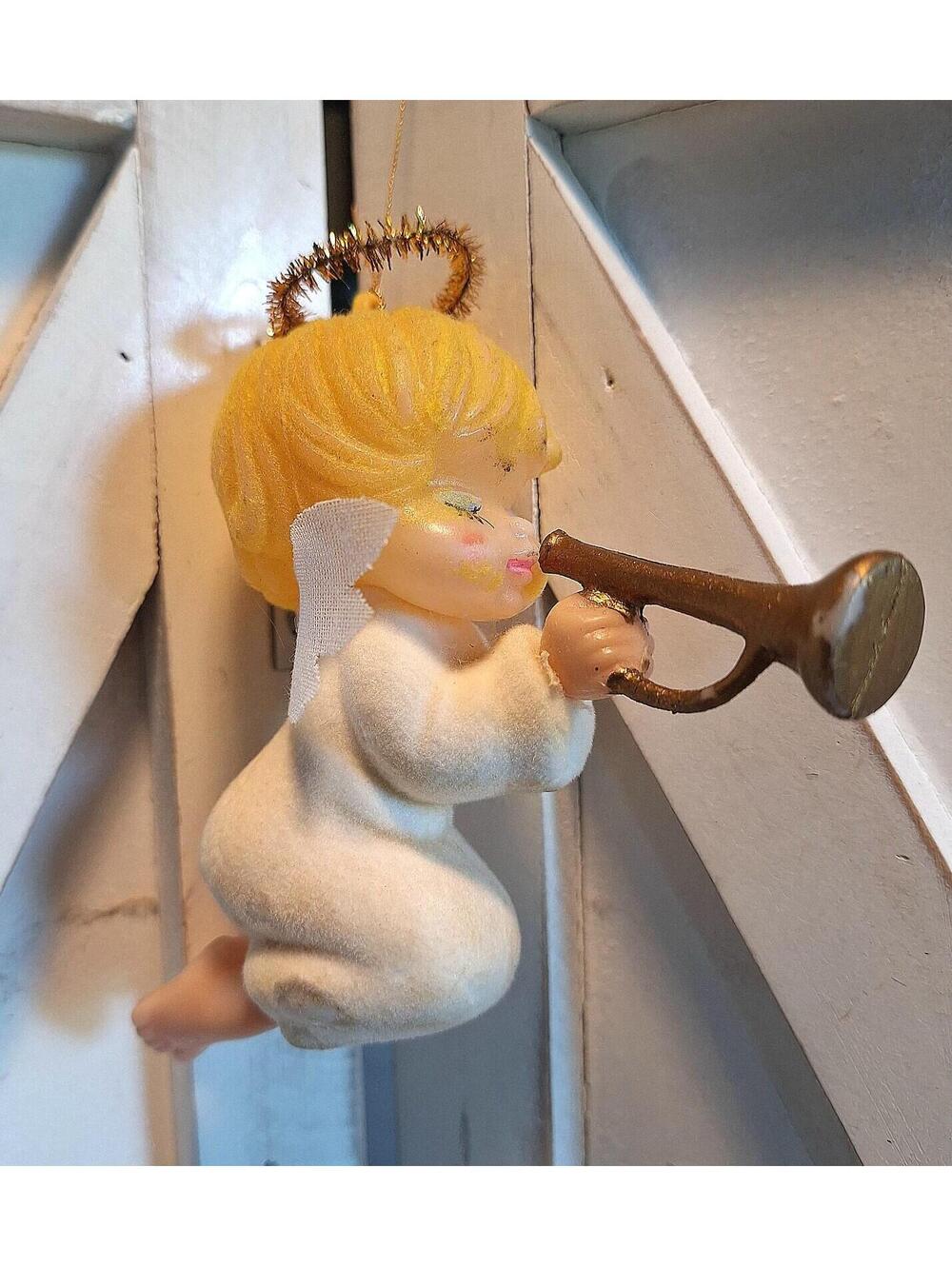 Vintage Flocked Angel Blow Mold Ornament On Knees Playing Trumpet White Dress 4"